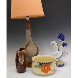 Pottery table lamp, chamber pot, Portuguese pottery cockerel and one other jug