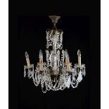 Mid 20th Century brass lustre drop six branch chandelier, overall height approximately 60cm