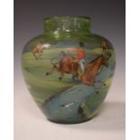 Glass baluster shape vase, having painted scene of huntsmen and hounds, 23cm high