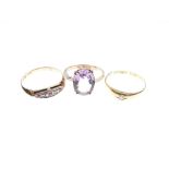 18ct gold solitaire diamond ring, size O, dress ring set two diamonds and three graduated rubies,