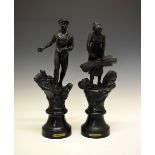 Pair of French late 19th/early 20th Century painted spelter figures of a farming couple on turned