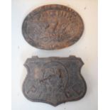 Two cast iron plates, one with a fox within a horseshoe marked Pierce, the reverse P. Pierce & Co