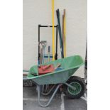 Assorted garden tools to include wheel barrow, sack trolley, fuel can, etc