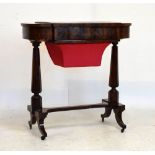 Mid 19th Century mahogany work table or sewing table, with hinged end compartments over frieze