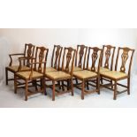 Set of eight (six standards plus two elbow chairs) Chippendale Revival mahogany dining chairs,