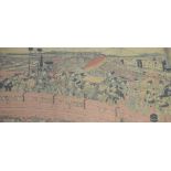 Japanese woodblock print of three panels depicting beauties or Bijin before bridges with distant