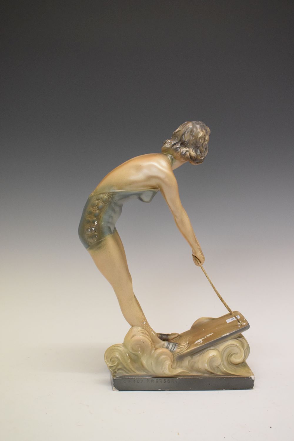 Art Deco-style composition figure of a lady surfing, impressed to base RD 623880m 38cm high - Image 3 of 5