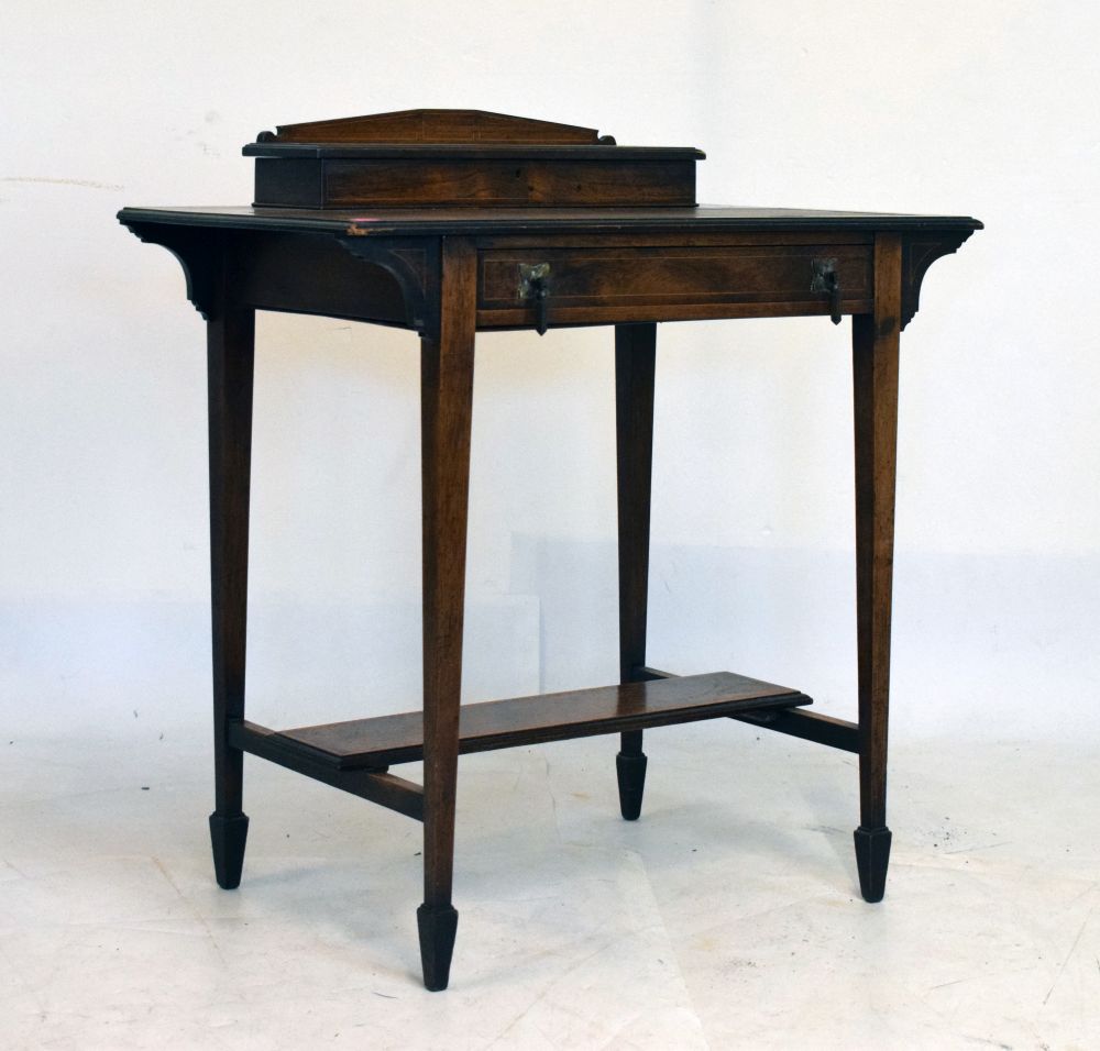 Edwardian inlaid rosewood writing table, with hinged superstructure enclosing stationery divisions