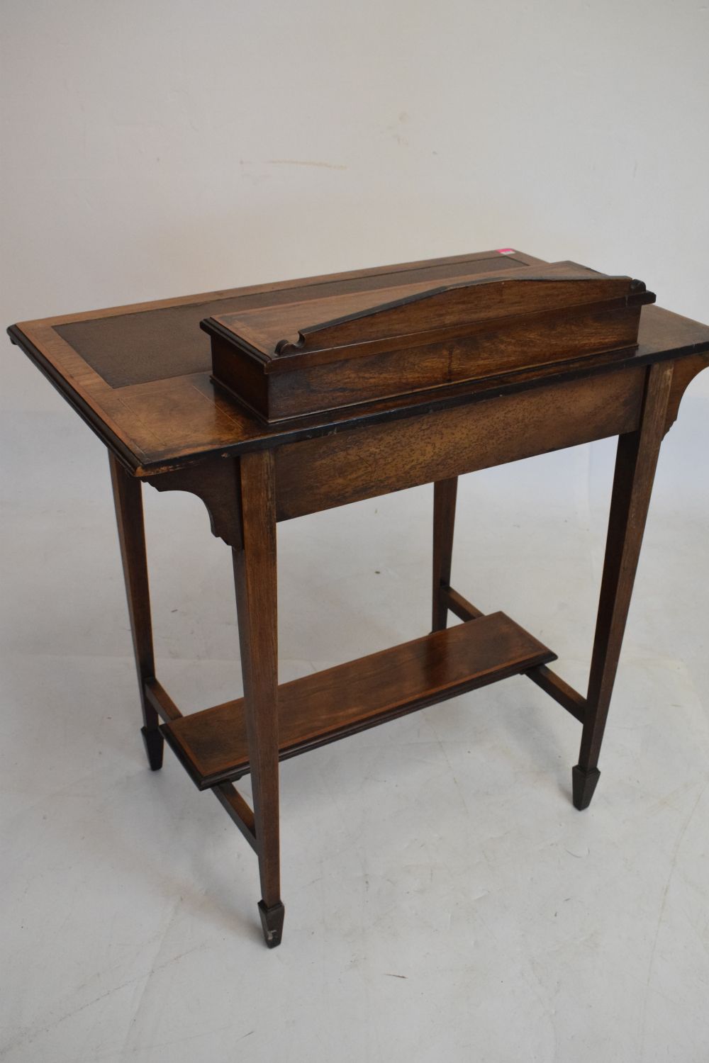 Edwardian inlaid rosewood writing table, with hinged superstructure enclosing stationery divisions - Image 6 of 6