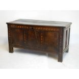 Late 17th Century oak three panel coffer with inlaid front, 143cm x 63cm x 76cm high