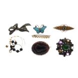 Selection of brooches to include; 9ct gold brooch set seed pearls, 2.7g gross approx, sterling-