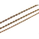 Three 9ct gold rope-link necklaces, 44cm-46cm long, 12.5g approx (3)