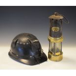 Vintage miners helmet with leather internal fittings, together with a Thomas & Williams miners