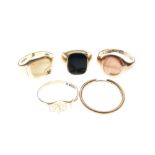 Four 9ct gold signet rings, together with an unmarked yellow metal earring, 13.8g gross approx (5)