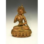 Large copper-finish alloy figure of a seated Bodhisattva seated cross-legged on lotus base, 39cm