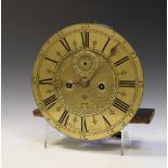 18th Century brass longcase clock dial and movement, Wm.Clement, 'Totness' (sic) (Totnes, Devon),