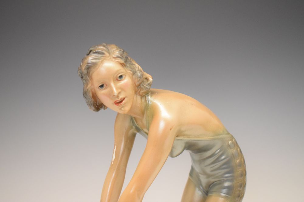 Art Deco-style composition figure of a lady surfing, impressed to base RD 623880m 38cm high - Image 2 of 5