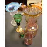 Small group of coloured glassware to include amber-flashed champagne or ice bucket, vaseline glass