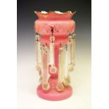 Late 19th/early 20th Century pink opaque or 'milk' glass table lustre with enamelled floral