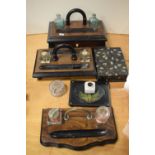 Group of early 20th Century desk stands, Victorian papier-mâché inkstand, etc (5)