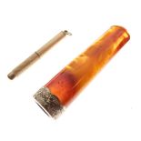 9ct gold retractable toothpick, 5.5g gross approx, together with a cased silver-mounted amber-effect