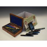 Selection of vintage fountain pens, nibs and other accessories, plus boxed drawing instruments etc