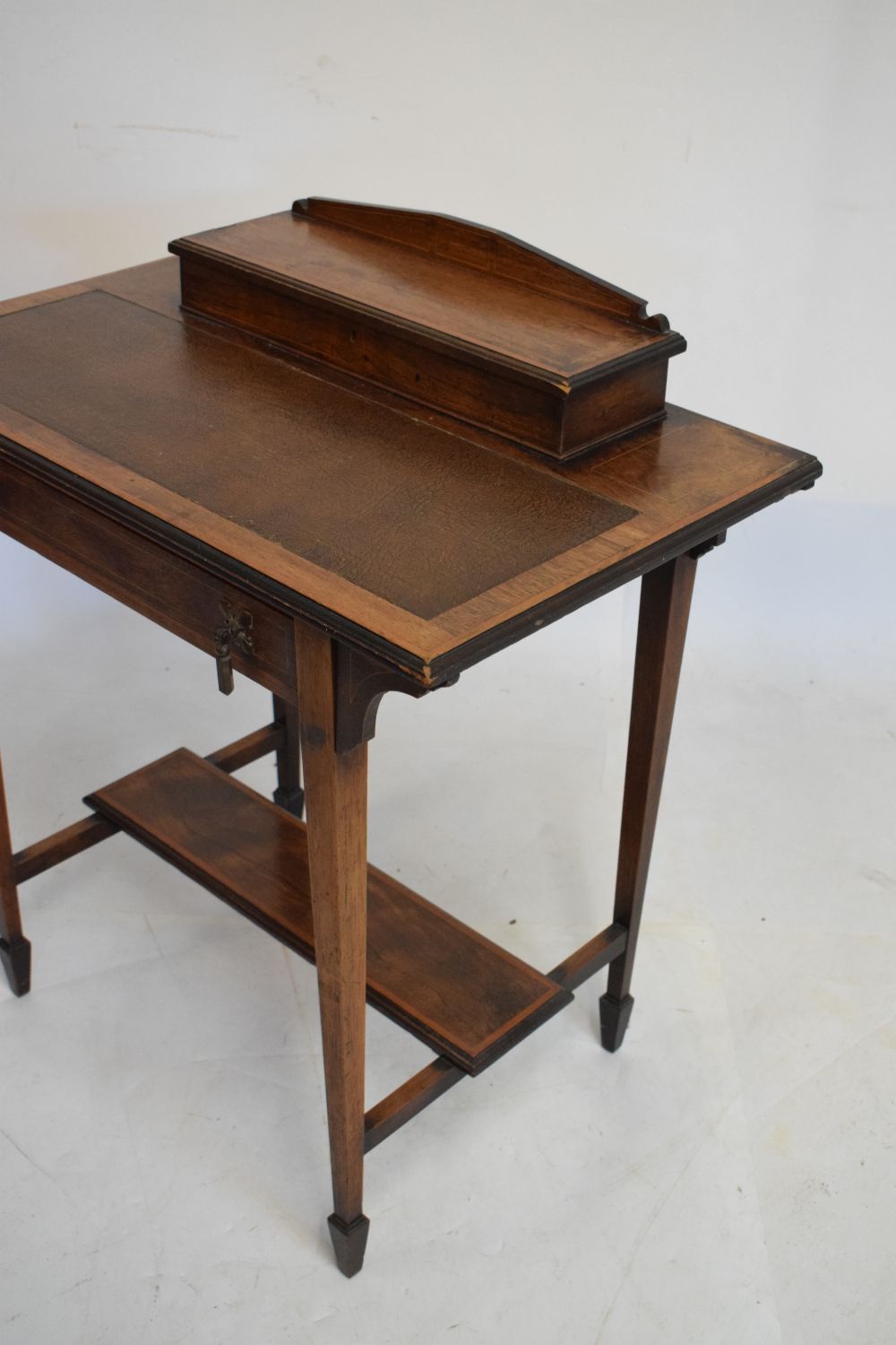 Edwardian inlaid rosewood writing table, with hinged superstructure enclosing stationery divisions - Image 3 of 6