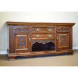 Edwardian carved mahogany sideboard fitted two drawers and recess between pedimented cupboards