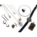 Assorted silver and white metal jewellery and effects to include cocktail watch with blue border