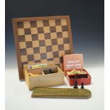 French wooden chess set, natural and stained, retailed by K&C Ltd London, kings 9.5cm high, together