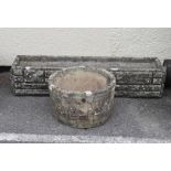 Reconstituted brick-effect garden trough, 91cm wide, together with a circular planter, 35.5cm