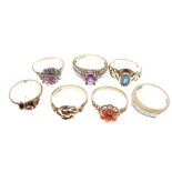 Seven assorted 9ct gold and yellow metal dress rings, 17g gross approx