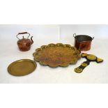 Assorted metal ware to include Indian lobed brass tray, Victorian Golden Jubilee horse brasses and