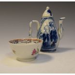 Japanese porcelain wine or sake pot with underglaze blue figural decoration, 13cm high, together