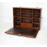 20th Century teak wall-mounting writing cabinet with fall front enclosing Morocco skiver beneath