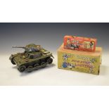 Vintage 20th Century military green tin plate tank, together with boxed Walt Disney film strip