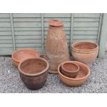 Assorted terracotta pots to include; rhubarb forcer with cover, pair 'Yorkshire Flowerpots', etc (5)