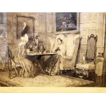 Walter Dendy Sadler - Signed engraved print depicting ladies in a panelled interior, 31cm x 44cm,