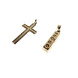 9ct gold ingot pendant, together with a 9ct gold cross pendant, 5.9g approx (2)