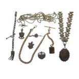 Assorted white and base metal chains to include a watch Albert with T-bar and locket, fobs, bar