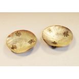 Pair of Chinese white metal-mounted mother-of-pearl shell dishes or salts, each applied with three