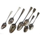 Seven assorted late 18th and 19th Century silver dessert and table spoons, comprising one Fiddle