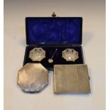 Cased pair of Edward VII octagonal silver salts, George V Art Deco-style silver cigarette case,