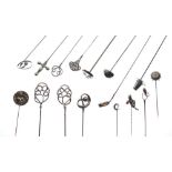 Collection of silver and other marked white metal hat pins to include; four examples by Charles