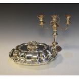 Good quality silver plated tureen and cover by Walker & Hall and a three branch silver plated