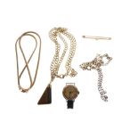 Assorted 9ct gold and yellow metal jewellery to include; cocktail watch, fine chains and tigers-