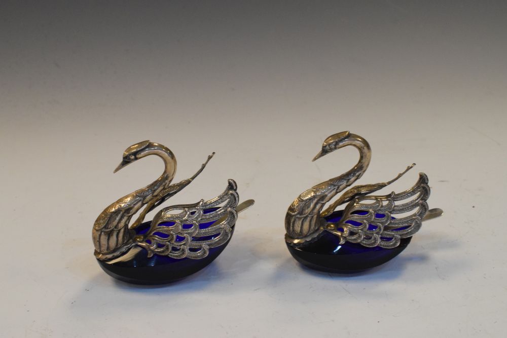 Pair of Continental white metal and blue glass swan-form salts, each stamped 800, with pierced - Image 4 of 8