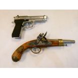 Replica French flintlock pistol of the Napoleonic period, plus a replica 'Beretta' pistol