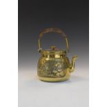 Japanese brass kettle, sake or wine pot, with cane-wrapped swing handle, 18cm high overall