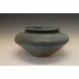 Large studio pottery squat vase having turquoise glaze, 48cm diameter, incised monogram to base